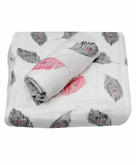 Chotto 100% Cotton Muslin Baby Blanket & Swaddle Wrapper Leaves Print - White Grey