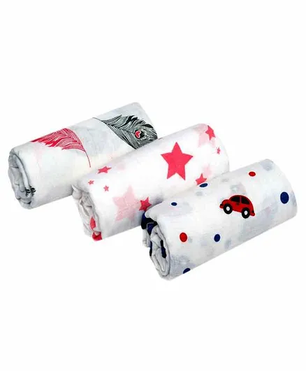 Chotto 100% Cotton Muslin Swaddle Wrappers Multiprint Pack of 3 - White