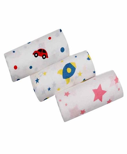 Chotto 100% Cotton Muslin Swaddle Wrappers Multiprint Pack of 3 - White