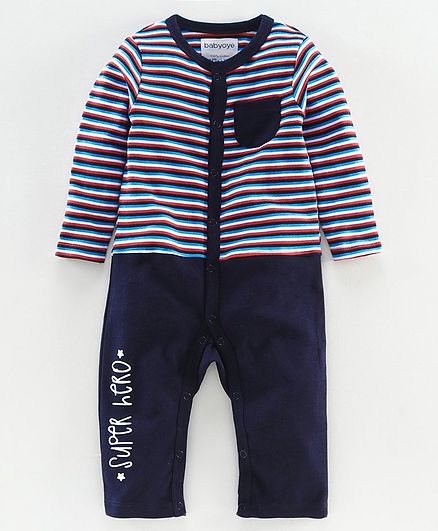 Babyoye Cotton Full Sleeves Striped Romper Text Print - Navy Blue