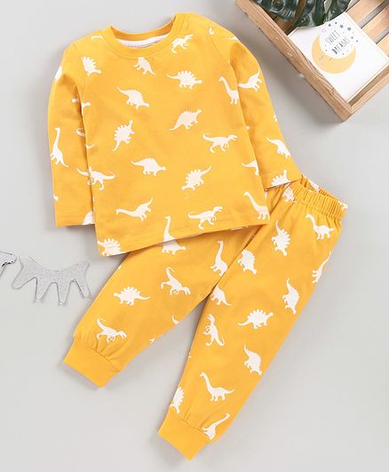 Babyhug Full Sleeves Night Suit Allover Dino Print - Yellow