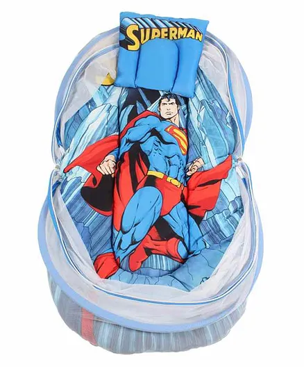 Superman Cushioned Mattress with Mosquito Net - Blue