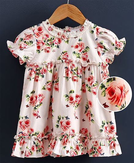 Babyoye Puff Sleeves Frock Floral Print - White
