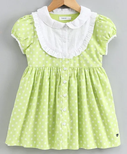 Babyoye Cap Sleeves Frock Polka Dot Print - Green