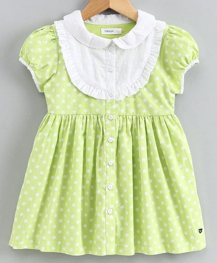 Babyoye Puff Sleeves Polka Dot Frock - Light Green