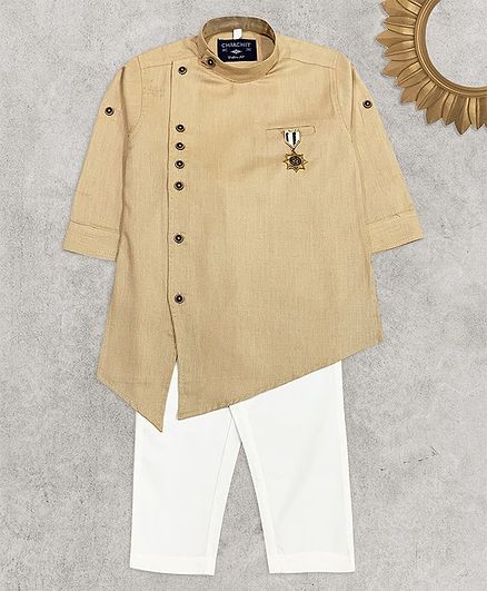 Charchit Full Sleeves Solid Kurta & Pyjama Set - Beige