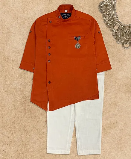 Charchit Full Sleeves Asymmetric Kurta & Pyjama Set - Rust