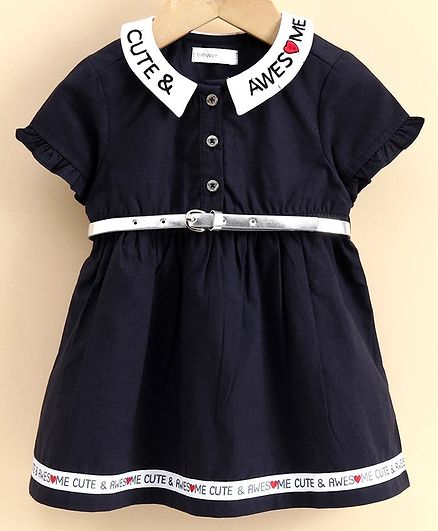 Babyoye Short Sleeves Frock With Belt Text Embroidery - Navy Blue