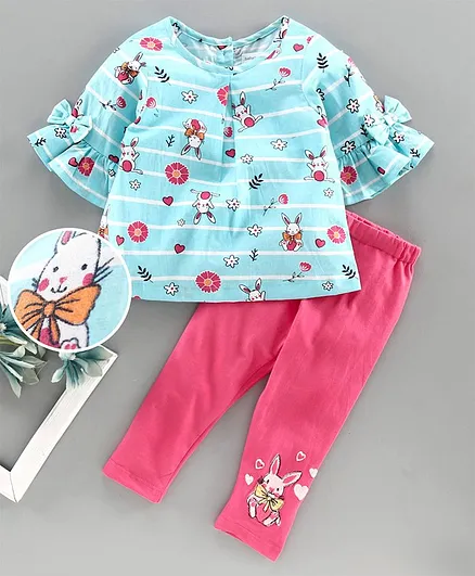 Babyoye Three Fourth Sleeves Top & Bottom Bunny Print - Blue Pink