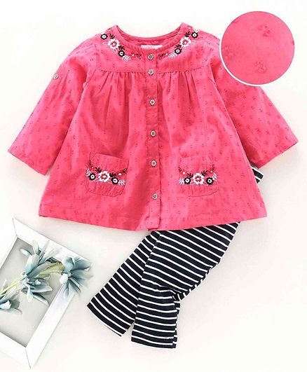Babyoye Full Sleeves frock with Legging Floral Embroidered - Pink