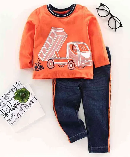 Babyoye Full Sleeves T-Shirt & Jeans Truck Print - Orange