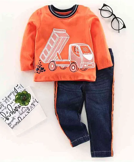 Babyoye Full Sleeves T-Shirt & Jeans Truck Print - Orange