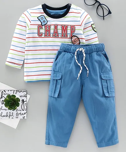 Babyoye Cotton Full Sleeves Stripe Tee & Cargo Pants Champ Print - White Blue