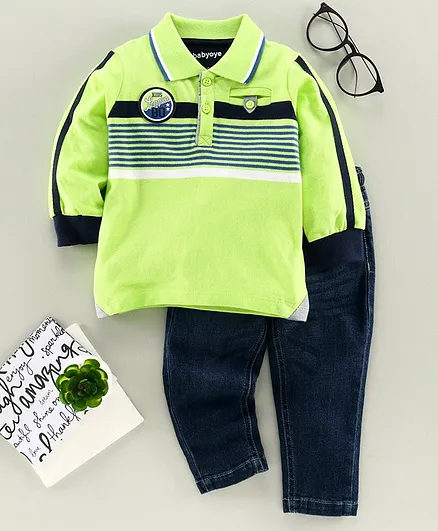 Babyoye Cotton Full Sleeves Striped Tee & Jeans - Green Navy