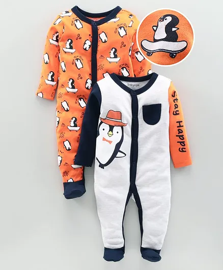Babyoye Full Sleeves Footed Sleepsuit Penguin Print Pack of 2 - Orange White