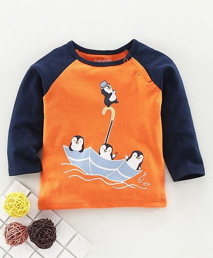 Babyoye Raglan Sleeves Cotton Tee Penguin Print - Light Orange