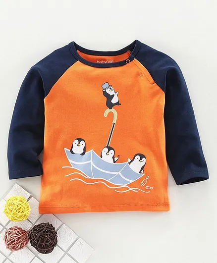 Babyoye Raglan Sleeves Cotton Tee Penguin Print - Light Orange