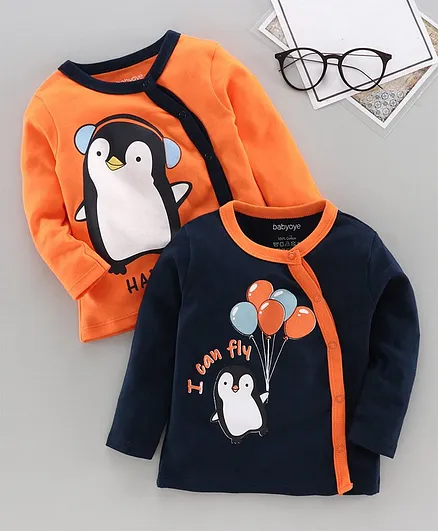 Babyoye Cotton Jhabla Penguin Print Pack Of 2 - Orange Black