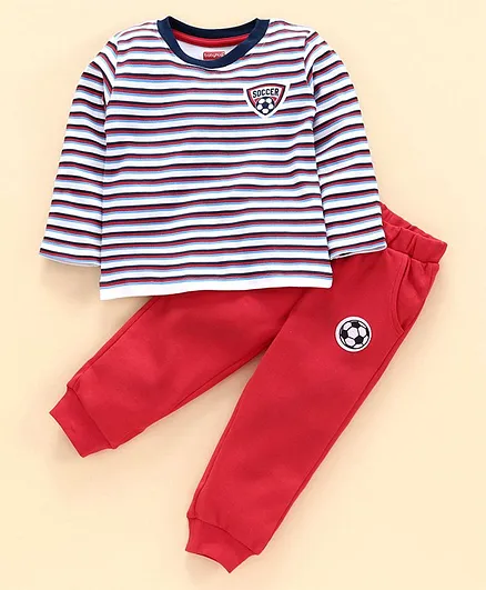 Babyhug Full Sleeve Stripe Tee & Lounge Pant Soccer Print - White Orange