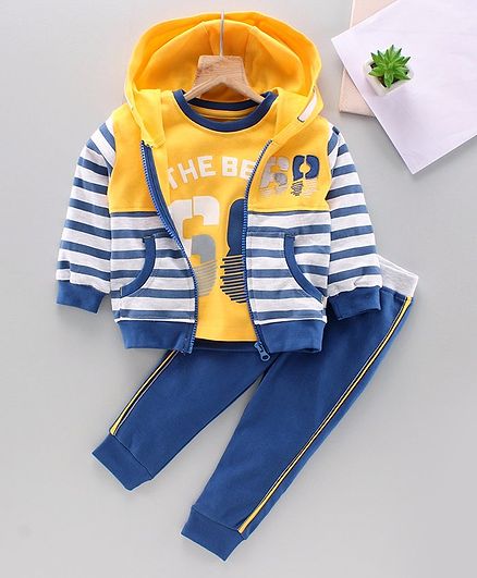 Babyhug Tee & Track Pant With Full Sleeves Stripe Hooded Sweat Jacket Numeric 68 Print -Yellow Blue