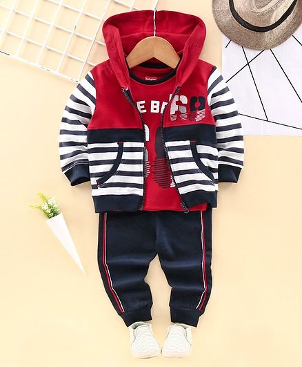 Babyhug Tee & Track Pant With Full Sleeves Stripe Hooded Sweat Jacket Numeric 68 Print - Red White Navy Blue