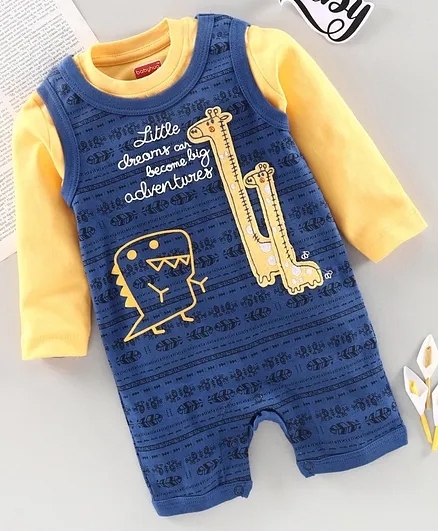 Babyhug Full Length Dungaree With Inner T-Shirt Giraffe Patch - Blue Yellow