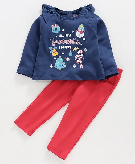 Babyhug Full Sleeves Tee with Leggings Text Print - Navy Blue Red