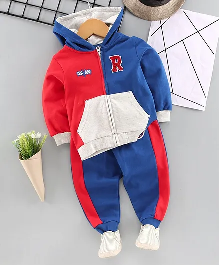 Babyhug Full Sleeves Winter Wear Hooded Set - Red & Blue