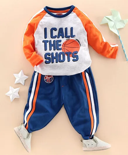 Babyhug Raglan Sleeve Tee & Track Pant Basket Ball Print - Grey Blue