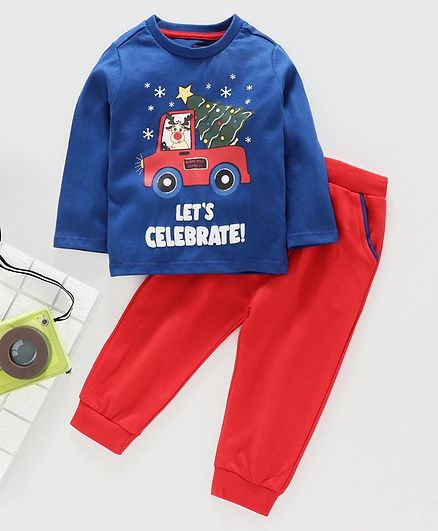 Babyhug Full Sleeves Tee and Bottom Set Vehicle Print - Blue Red