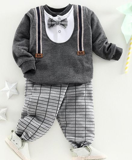 Babyhug Full Sleeve Party Wear Tee & Lounge Pant - Grey