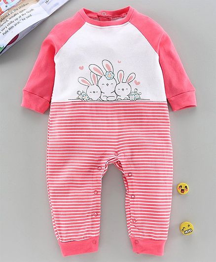 Babyhug 100% Cotton Full Length Romper Bunny Print - Pink