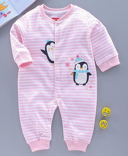Babyhug 100% Cotton Full Sleeves Romper Penguin Print - Pink