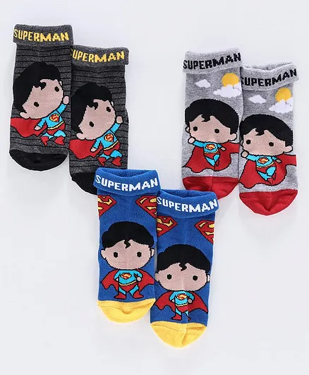 Bonjour Ankle Length Socks Superman Design Pack of 3 - Blue Grey Black
