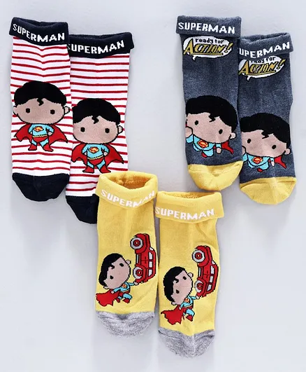 Bonjour Ankle Length Socks Superman Design Pack of 3 - Red Grey Yellow