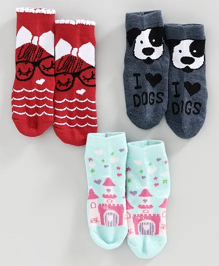 Bonjour Ankle Length Socks Pack of 3 - Red Blue