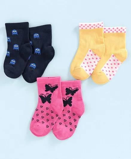 Bonjour Ankle Length Socks Pack of 3 - Navy Pink Yellow