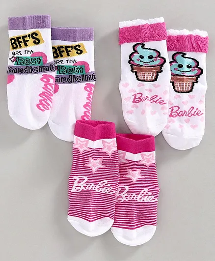 Bonjour Ankle Length Socks Barbie Design Pack of 3 - White Pink