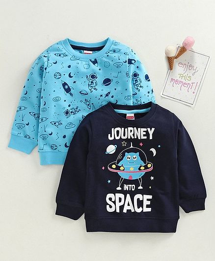 Babyhug Full Sleeves Sweatshirt Space Print Pack of 2 - Blue