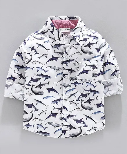 CrayonFlakes Full Sleeves Fish Printed Shirt - White & Blue