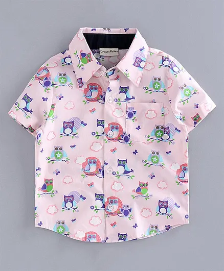 CrayonFlakes Half Sleeves Owl Printed Shirt - Baby Pink