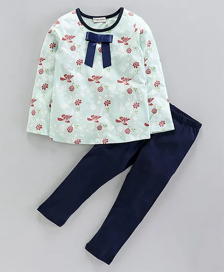 CrayonFlakes Full Sleeves Floral Print Tee & Leggings Set - Light Green