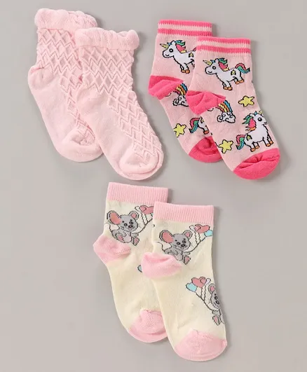 Mustang Ankle Length Socks Unicorn Design Pack of 3 - Pink Purple