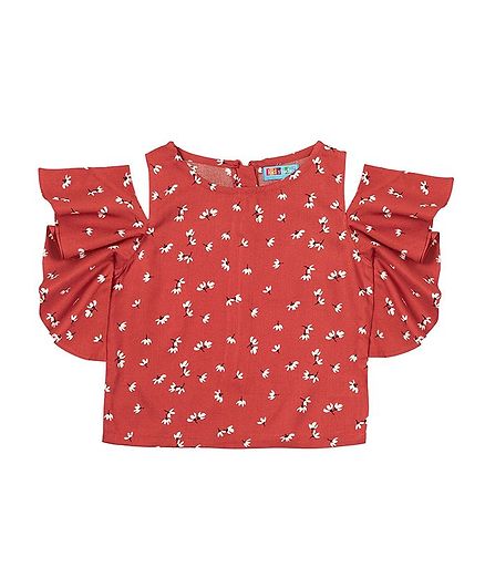 Kid Studio Half Sleeves Flower Printed Cold Shoulder Top - Red