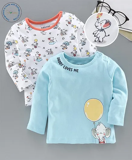 Babyoye Supima Cotton Full Sleeves T-Shirt Elephant Print Pack of 2 - Blue White
