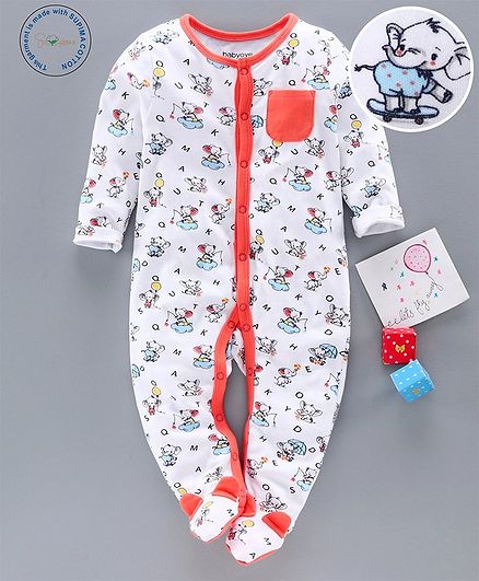 Babyoye Supima Cotton Sleep Suit Elephant Print - White Orange