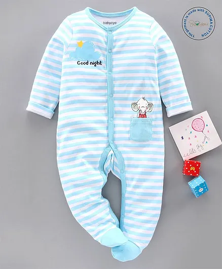 Babyoye Cotton Full Sleeves Striped Footed Sleepsuit Elephant Print - Blue