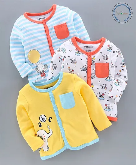Babyoye Supima Cotton Full Sleeves Vests Elephant Print Pack of 3 - Yellow White Blue