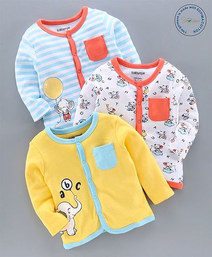 Babyoye Supima Cotton Full Sleeves Vests Elephant Print Pack of 3 - Yellow White Blue