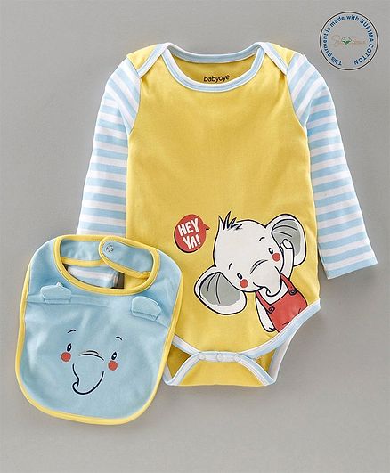 Babyoye Supima Cotton Full Sleeves Onesies with Bib Elephant Print - Yellow